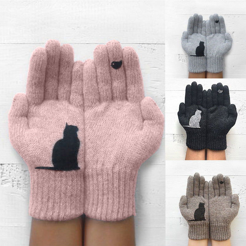 Cute Cat Print Knitted Thickened Warm Split Finger Gloves