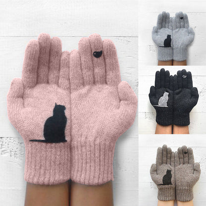 Crestsport™ Cute Cat Print Knitted Thickened Warm Split Finger Gloves