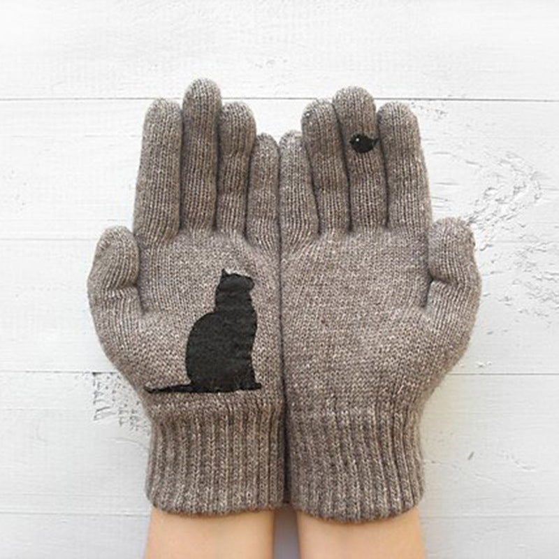 Cute Cat Print Knitted Thickened Warm Split Finger Gloves