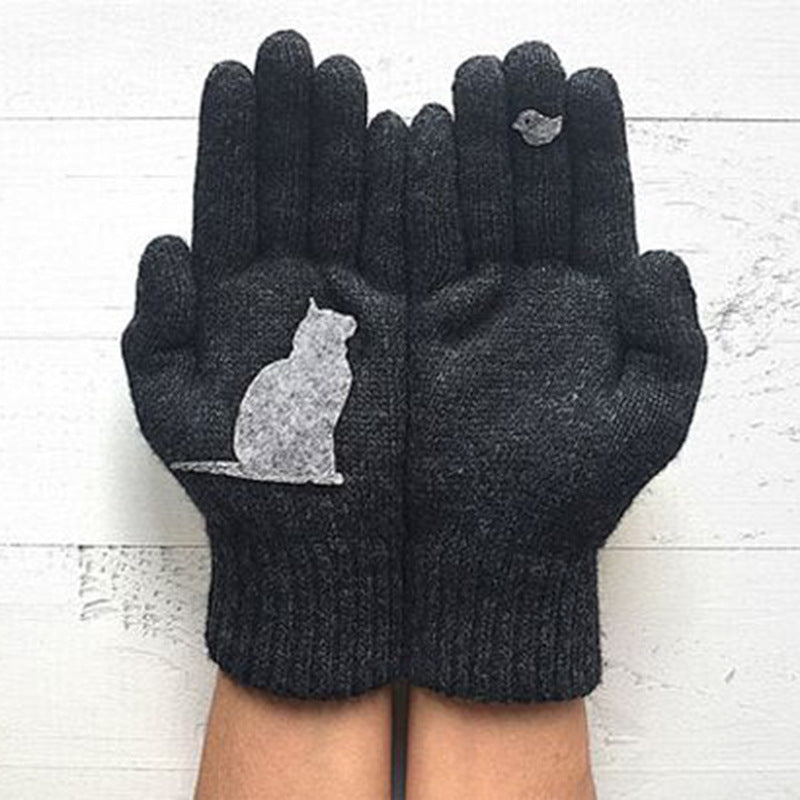 Cute Cat Print Knitted Thickened Warm Split Finger Gloves