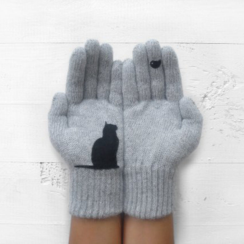 Cute Cat Print Knitted Thickened Warm Split Finger Gloves
