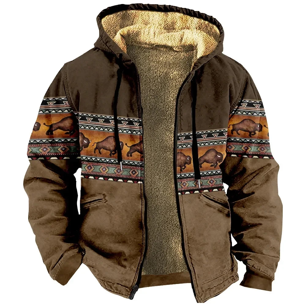 Men‘s Jacket Cardigans Native Aztec Buffalo Coats Festival Printed Thick Outdoor Hunting Fleece Winter Casual Streetwear Clothing