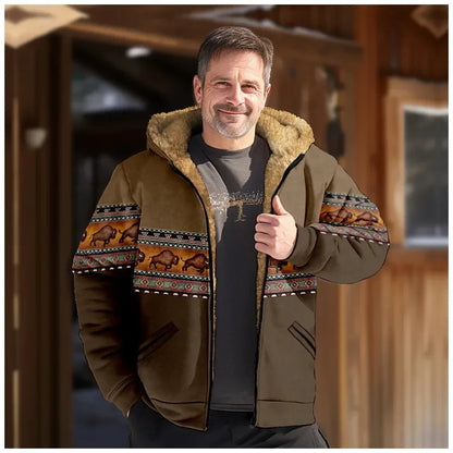 Men‘s Jacket Cardigans Native Aztec Buffalo Coats Festival Printed Thick Outdoor Hunting Fleece Winter Casual Streetwear Clothing