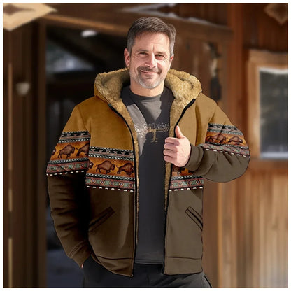 Men‘s Jacket Cardigans Native Aztec Buffalo Coats Festival Printed Thick Outdoor Hunting Fleece Winter Casual Streetwear Clothing