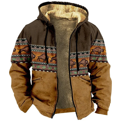 Men‘s Jacket Cardigans Native Aztec Buffalo Coats Festival Printed Thick Outdoor Hunting Fleece Winter Casual Streetwear Clothing