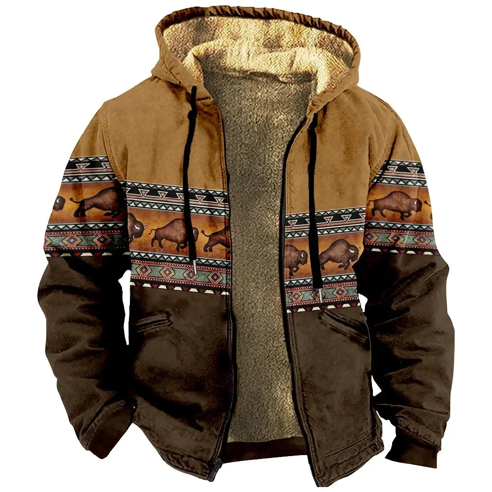 Men‘s Jacket Cardigans Native Aztec Buffalo Coats Festival Printed Thick Outdoor Hunting Fleece Winter Casual Streetwear Clothing