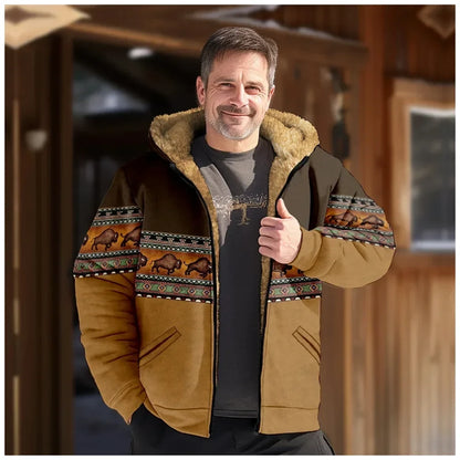 Men‘s Jacket Cardigans Native Aztec Buffalo Coats Festival Printed Thick Outdoor Hunting Fleece Winter Casual Streetwear Clothing