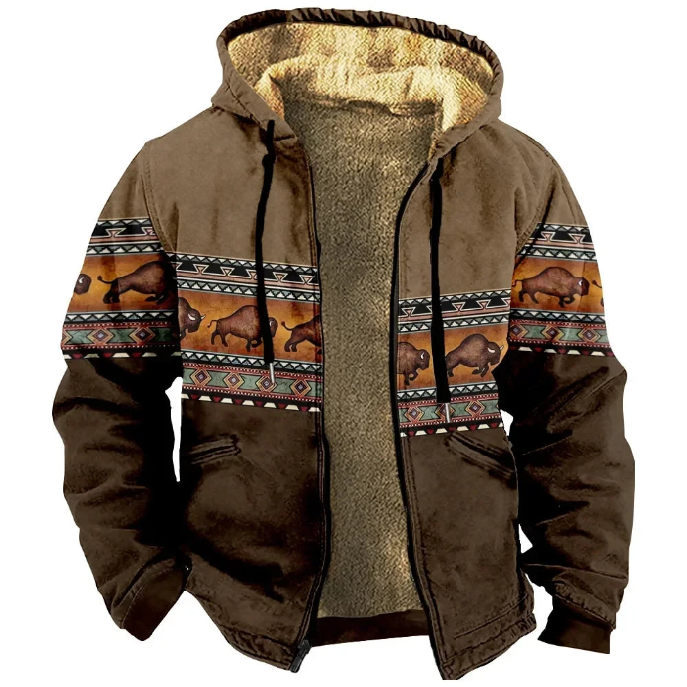 Men‘s Jacket Cardigans Native Aztec Buffalo Coats Festival Printed Thick Outdoor Hunting Fleece Winter Casual Streetwear Clothing
