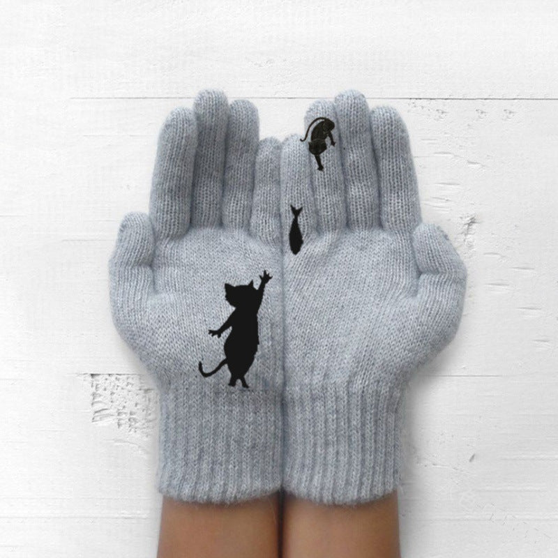 Crestsport™ Cute Cat Print Knitted Thickened Warm Split Finger Gloves