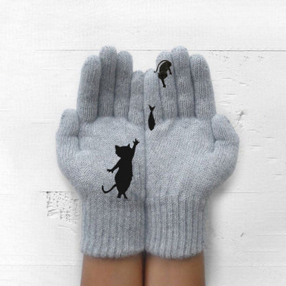Crestsport™ Cute Cat Print Knitted Thickened Warm Split Finger Gloves