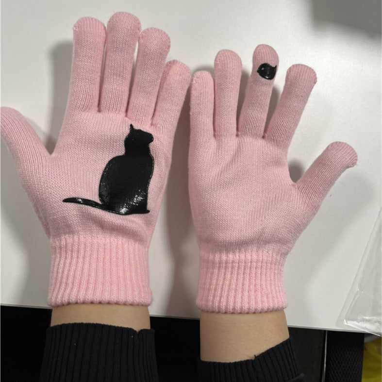 Cute Cat Print Knitted Thickened Warm Split Finger Gloves