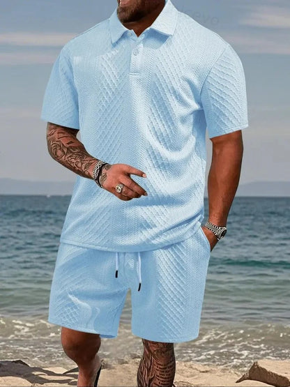 Men's 2-Piece Polo Shirt & Shorts Set Solid Casual Drawstring
