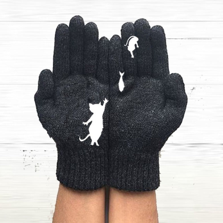 Cute Cat Print Knitted Thickened Warm Split Finger Gloves