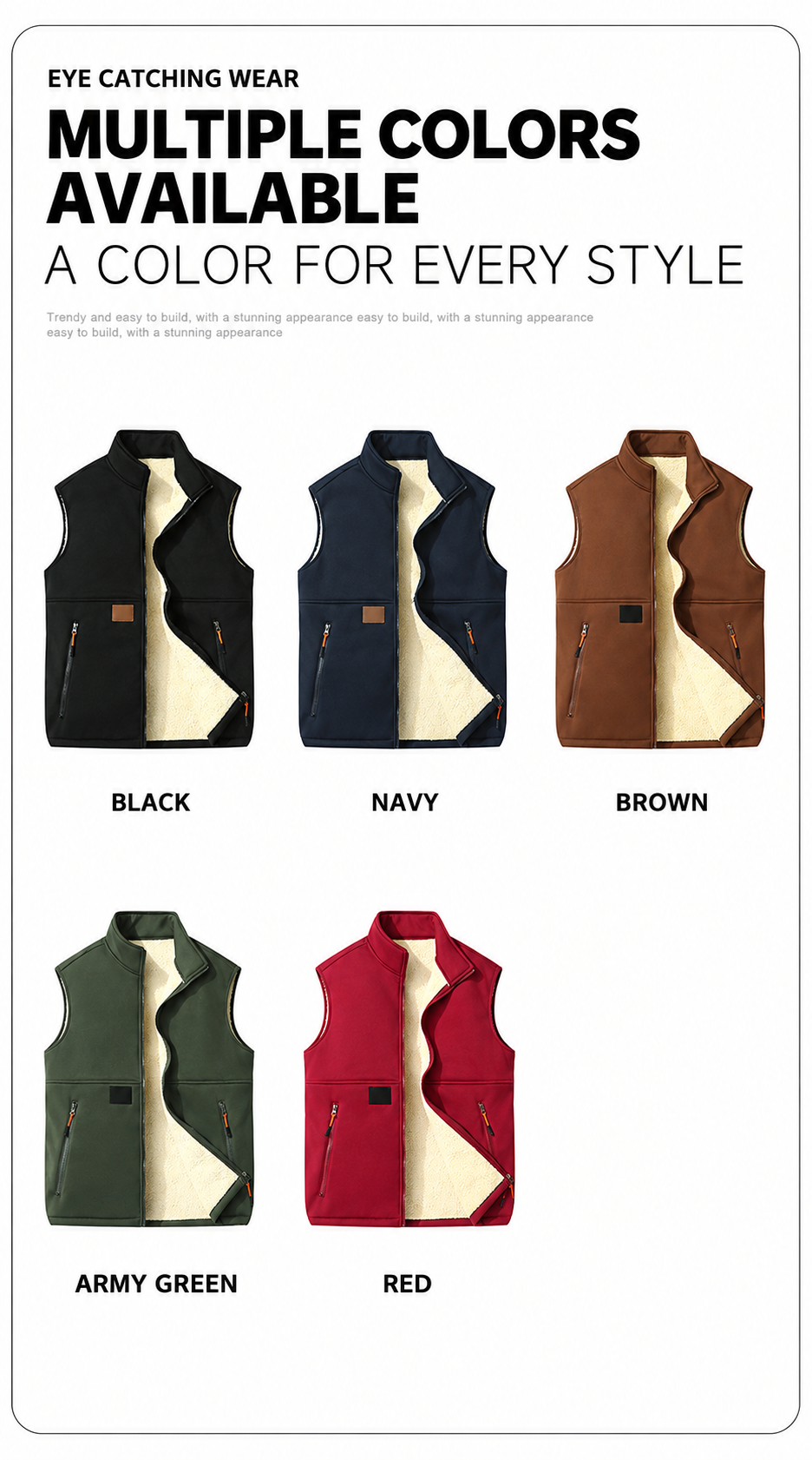 Unisex Fleece-Lined Winter Vest, Full-Zip Stand Collar Gilet with Zip Pockets
