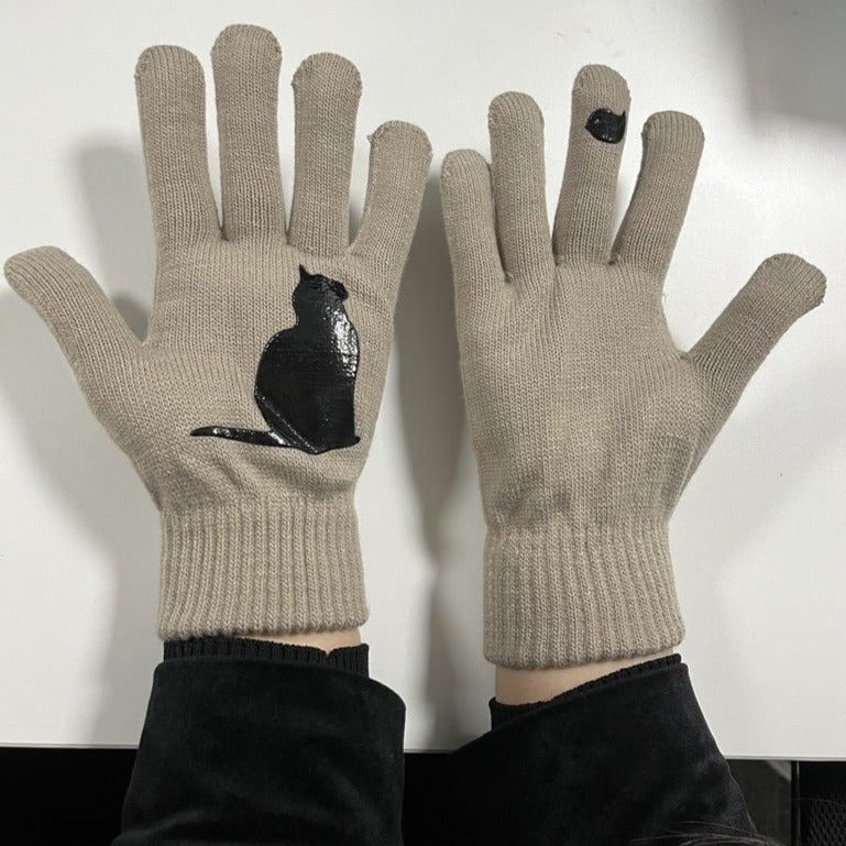 Cute Cat Print Knitted Thickened Warm Split Finger Gloves
