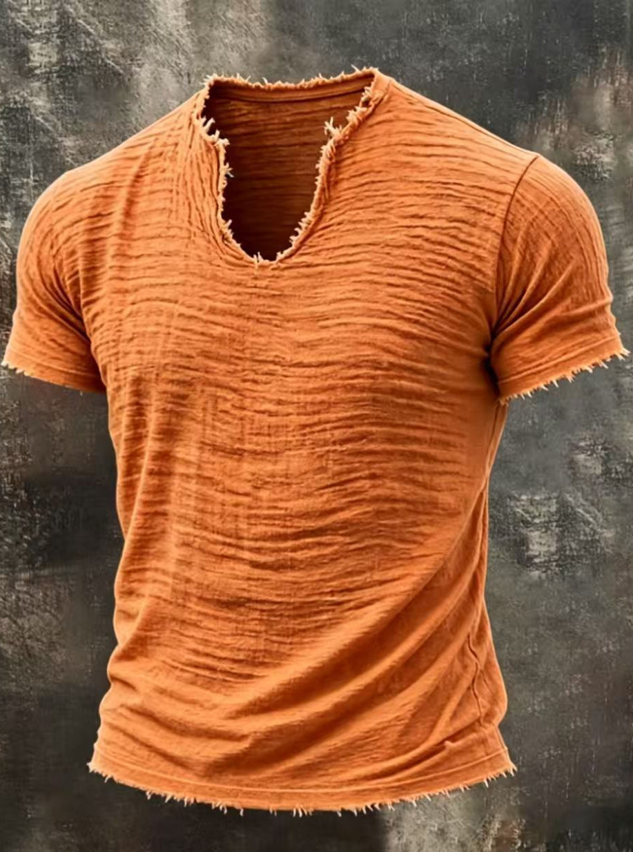 Men's Textured V-Neck Cotton Tee – Relaxed Fit Vintage Summer T-Shirt