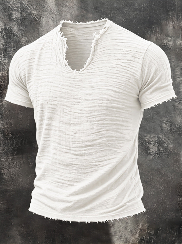 Men's Textured V-Neck Cotton Tee – Relaxed Fit Vintage Summer T-Shirt