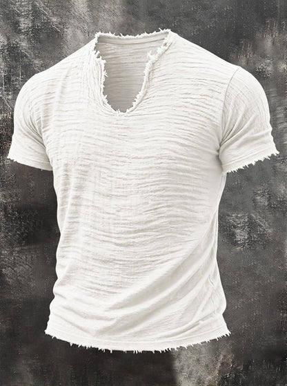Men's Textured V-Neck Cotton Tee – Relaxed Fit Vintage Summer T-Shirt