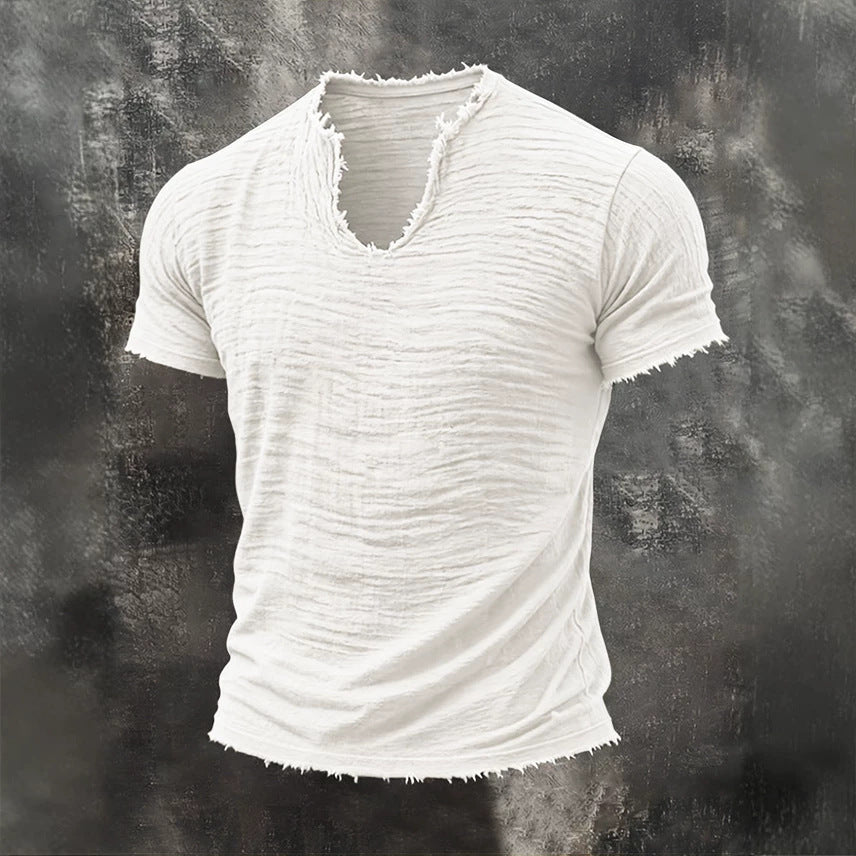 Men's Textured V-Neck Cotton Tee – Relaxed Fit Vintage Summer T-Shirt