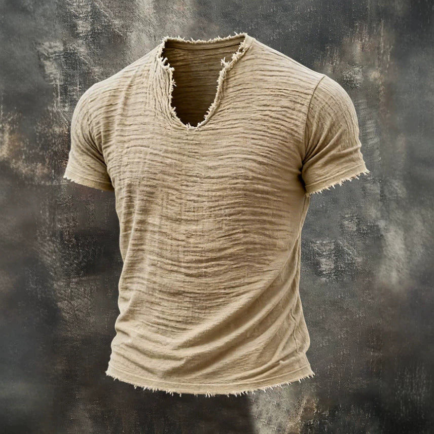 Men's Textured V-Neck Cotton Tee – Relaxed Fit Vintage Summer T-Shirt
