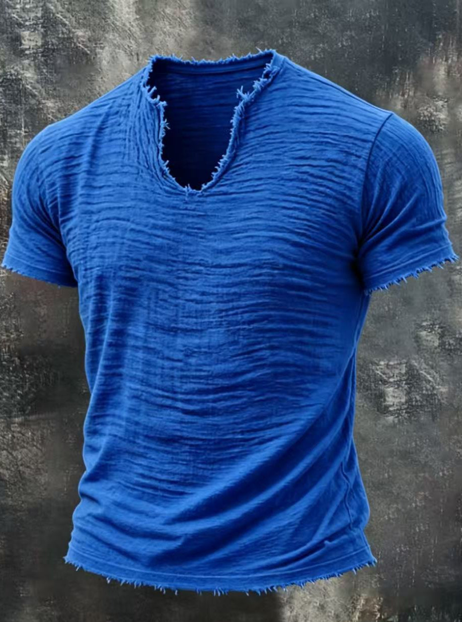 Men's Textured V-Neck Cotton Tee – Relaxed Fit Vintage Summer T-Shirt