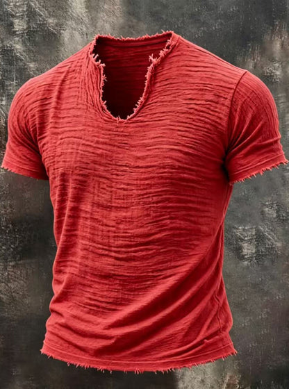 Men's Textured V-Neck Cotton Tee – Relaxed Fit Vintage Summer T-Shirt