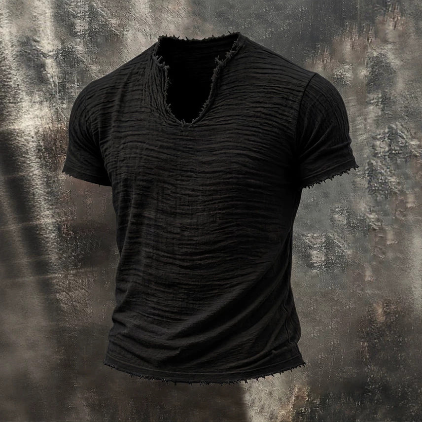 Men's Textured V-Neck Cotton Tee – Relaxed Fit Vintage Summer T-Shirt