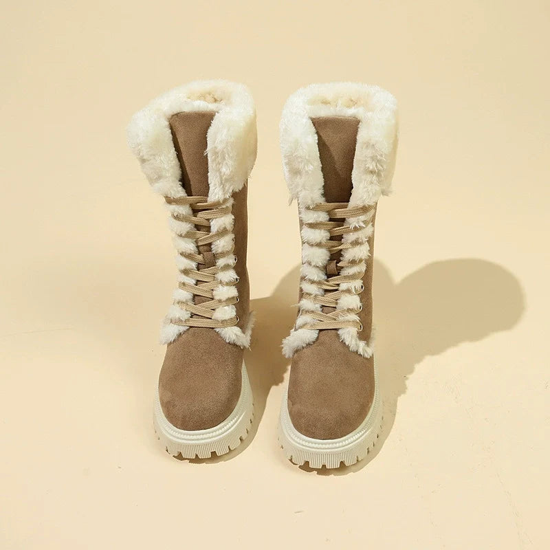 Winter New Women's Velvet Mid-Tube Cotton Boots with Thickened Lining and Height-Enhancing Design