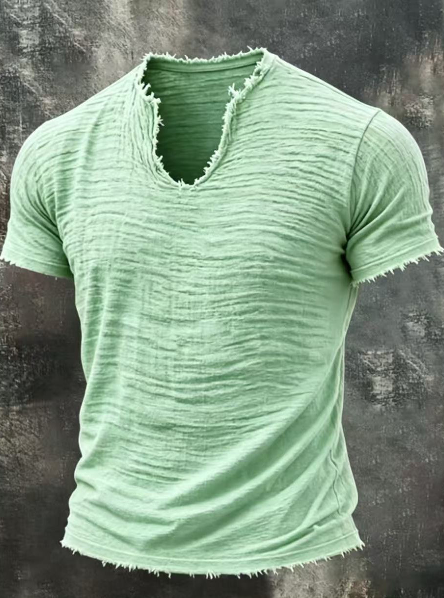 Men's Textured V-Neck Cotton Tee – Relaxed Fit Vintage Summer T-Shirt