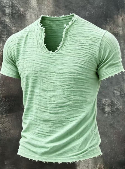 Men's Textured V-Neck Cotton Tee – Relaxed Fit Vintage Summer T-Shirt