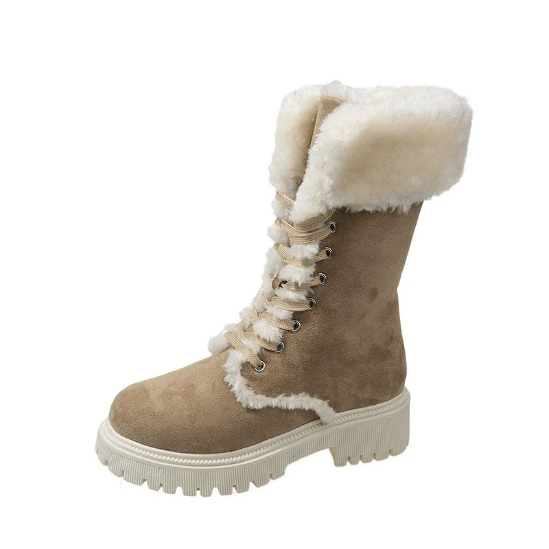 Winter New Women's Velvet Mid-Tube Cotton Boots with Thickened Lining and Height-Enhancing Design