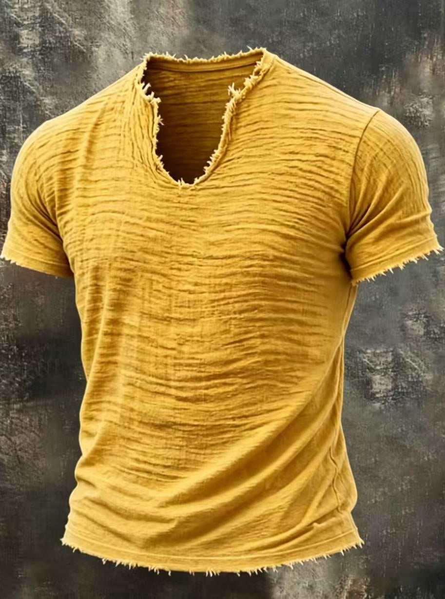 Men's Textured V-Neck Cotton Tee – Relaxed Fit Vintage Summer T-Shirt