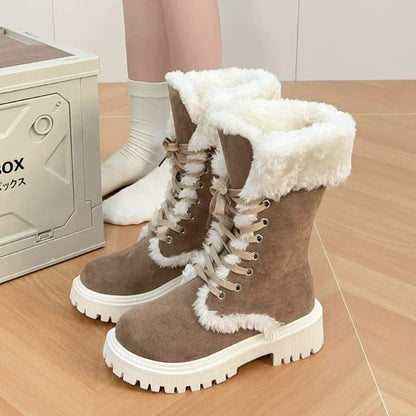Winter New Women's Velvet Mid-Tube Cotton Boots with Thickened Lining and Height-Enhancing Design