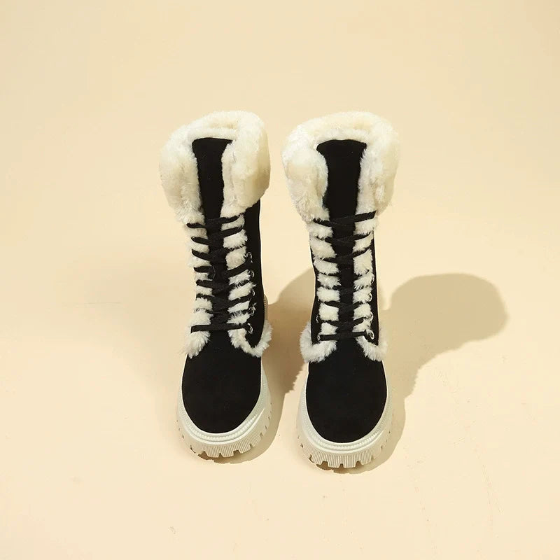 Winter New Women's Velvet Mid-Tube Cotton Boots with Thickened Lining and Height-Enhancing Design