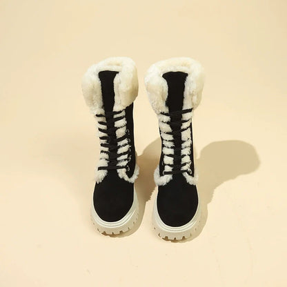 Winter New Women's Velvet Mid-Tube Cotton Boots with Thickened Lining and Height-Enhancing Design