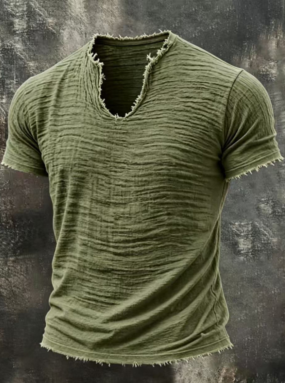 Men's Textured V-Neck Cotton Tee – Relaxed Fit Vintage Summer T-Shirt