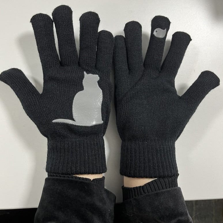 Cute Cat Print Knitted Thickened Warm Split Finger Gloves