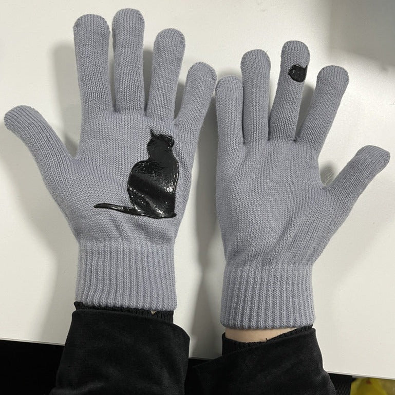 Cute Cat Print Knitted Thickened Warm Split Finger Gloves