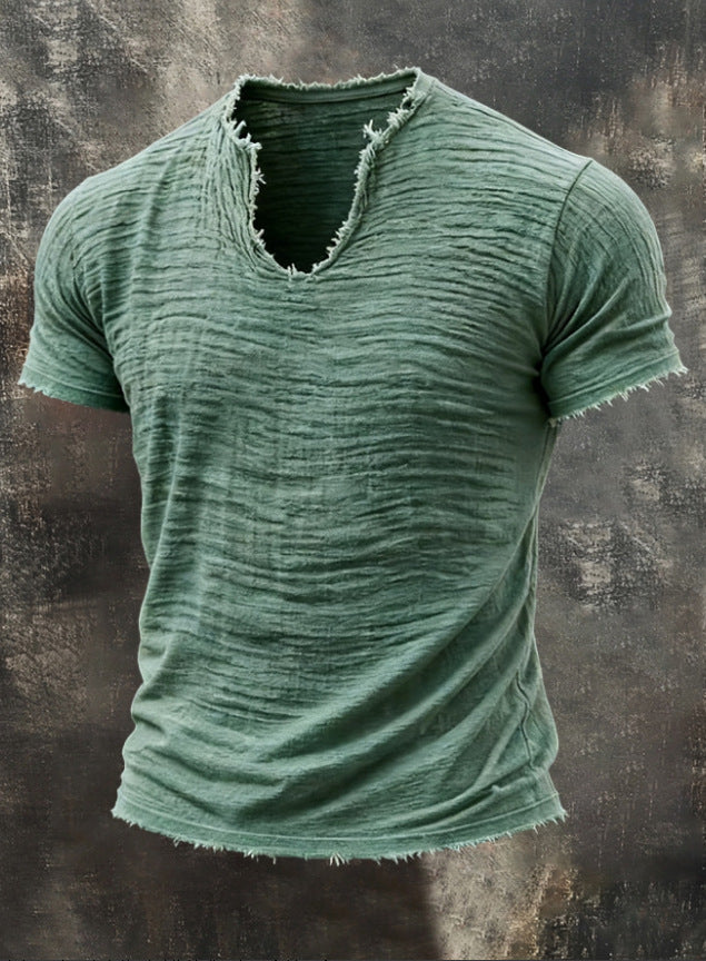 Men's Textured V-Neck Cotton Tee – Relaxed Fit Vintage Summer T-Shirt