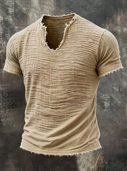 Men's Textured V-Neck Cotton Tee – Relaxed Fit Vintage Summer T-Shirt
