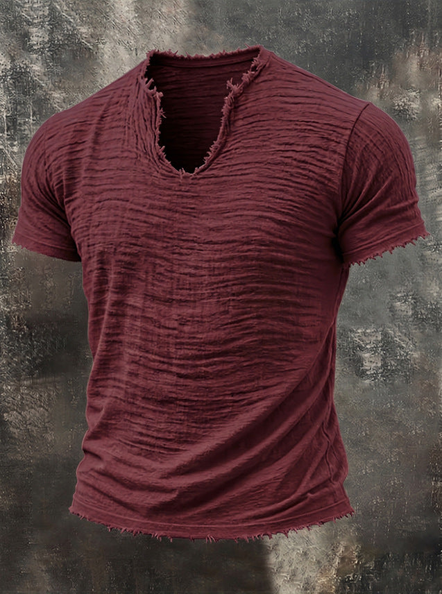 Men's Textured V-Neck Cotton Tee – Relaxed Fit Vintage Summer T-Shirt