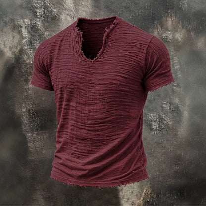 Men's Textured V-Neck Cotton Tee – Relaxed Fit Vintage Summer T-Shirt