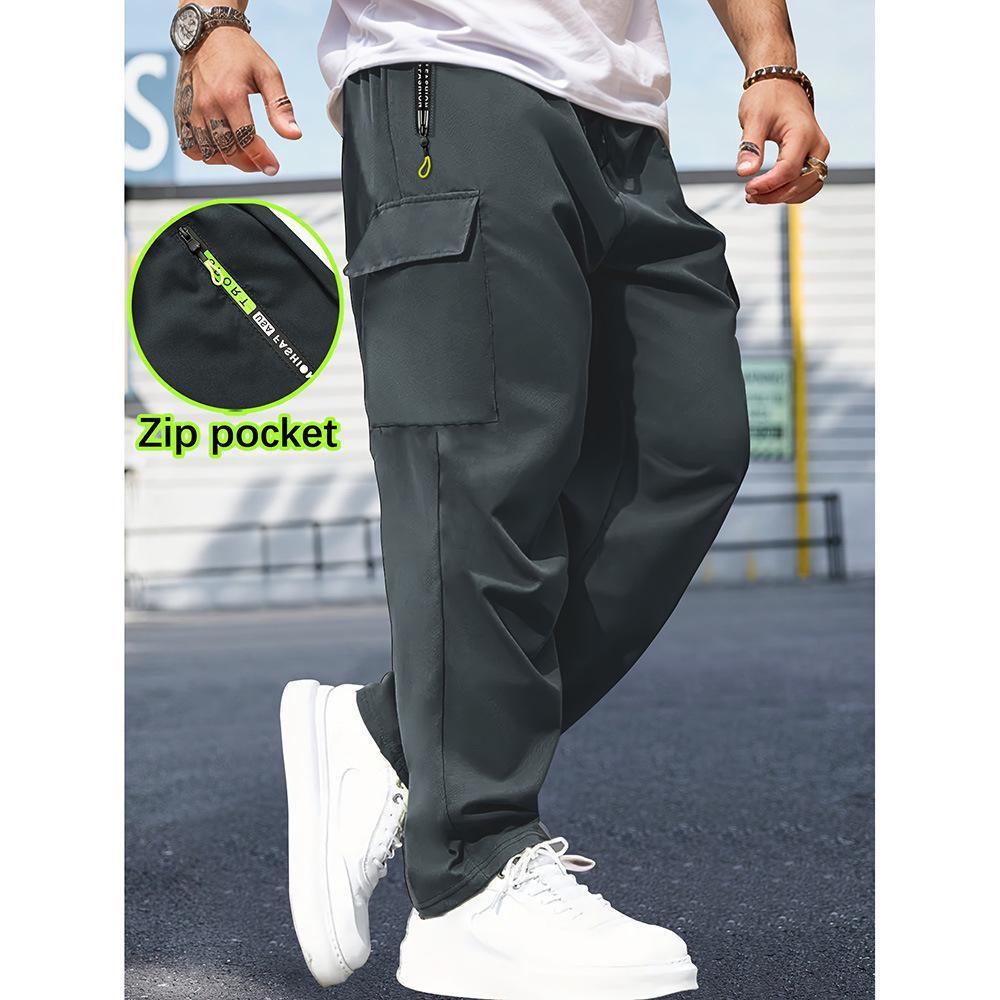 Men's Solid Color Cargo Pants with Zipper Pockets