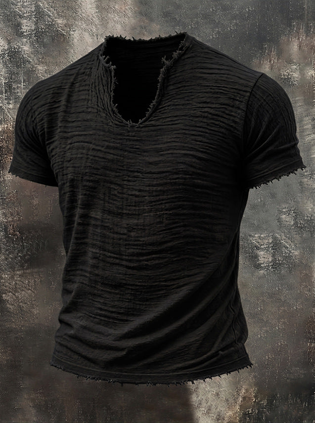 Men's Textured V-Neck Cotton Tee – Relaxed Fit Vintage Summer T-Shirt