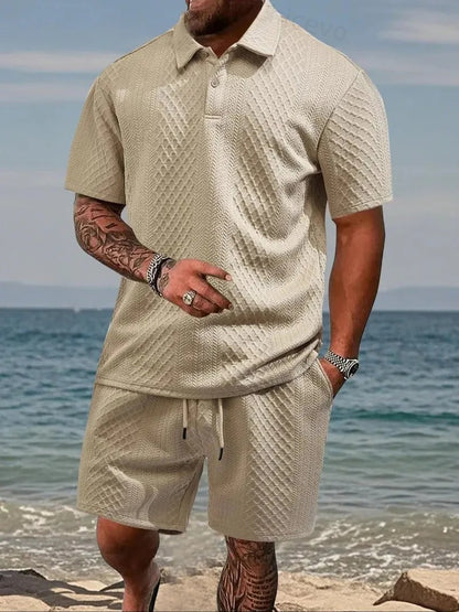 Men's 2-Piece Polo Shirt & Shorts Set Solid Casual Drawstring