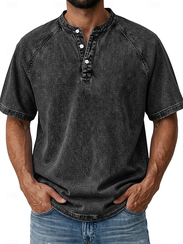 Effortless Vintage Aesthetics Classic Henley | Heavy Wash | 100% Cotton