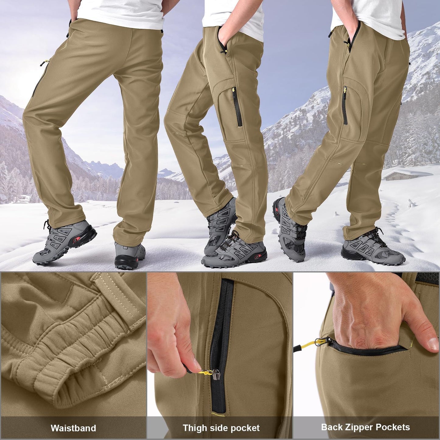 Men's Winter Pants 5 Zip Pockets Snow Ski Pants Fleece Lined Water Resistant Hiking Pants