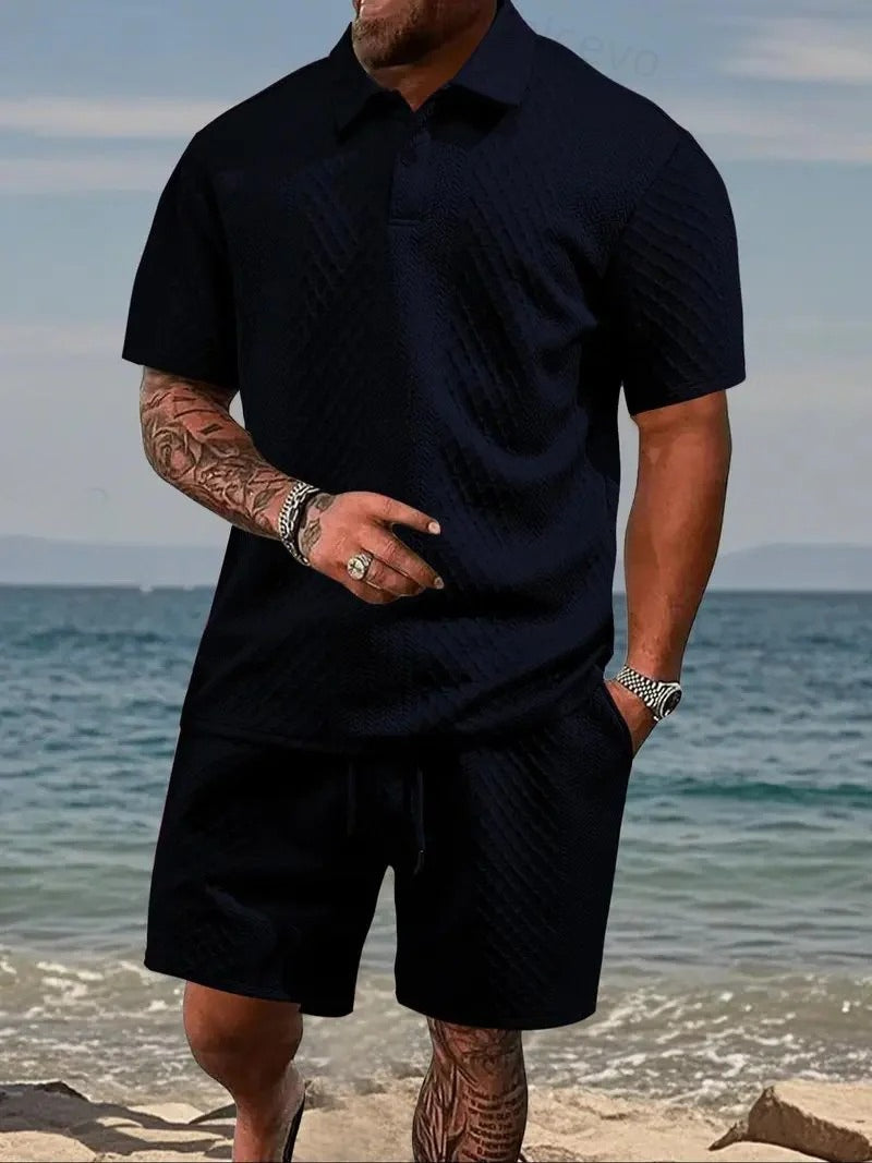 Men's 2-Piece Polo Shirt & Shorts Set Solid Casual Drawstring