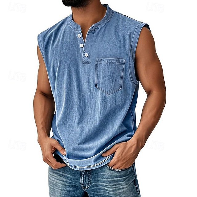 Men’s Acid Wash Cotton Tank – Sleeveless Henley with Pocket & Buttons-Buy 2 Get Free Shipping Today!