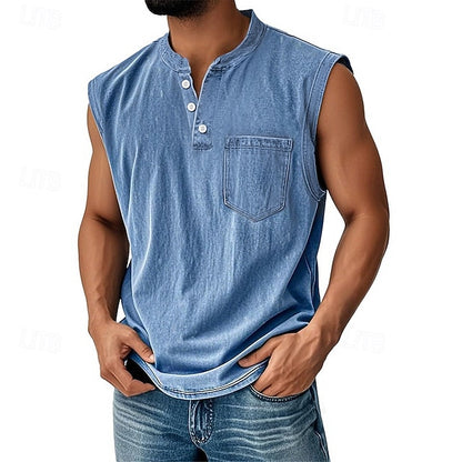 Men’s Acid Wash Cotton Tank – Sleeveless Henley with Pocket & Buttons-Buy 2 Get Free Shipping Today!